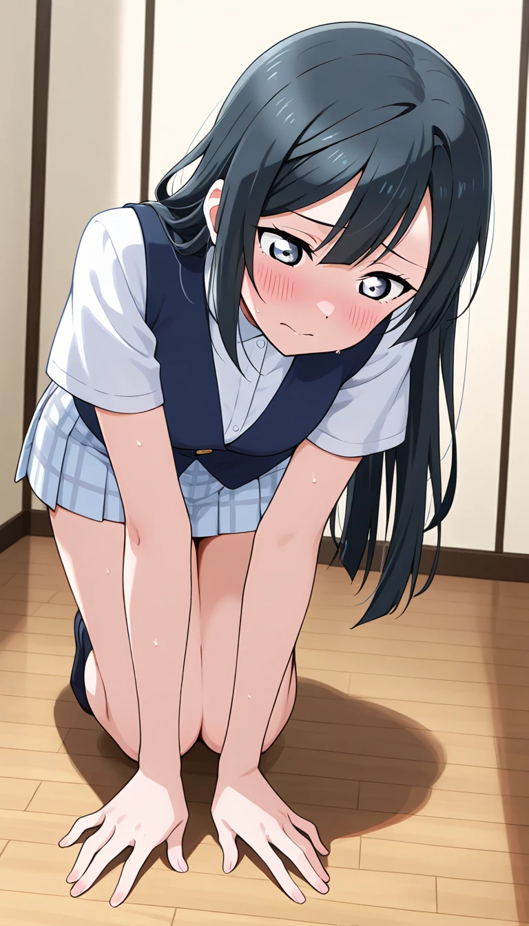 masterpiece, ultra quality, ultra sharp, ultra detailed, 1girl, solo, (((good anatomy))), haduki kurumi, (shiny skin), (tattered torn dripping wet white gym shirt), navy gym pants, animal ears, randoseru, name tag, Japanese anime pose, laugh, BurumaShorts, Buruma, Gym Uniform, (((sitting, squatting, spread_legs, legspread, split_legs, spreading legs)), (randoseru backpack:1.4), (ohogao:1.4), buruma, blue buruma, black buruma, (cameltoe), (tattered torn short sleeve white gym uniform with colored hem), (tiny nipples), (white long loose socks), strong lighting, legspread, bukkake, cum on clothes, cum on legs, cum on buruma, cum on bloomers, (spreading pussy by hands)