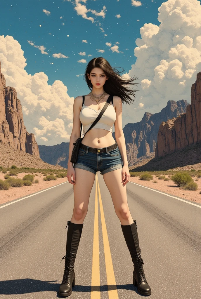 Female 1、Wild cute beautiful girl、20yr old、(Sporty fashion)、(muscular body type)、（Muscular legs）、Walking on the road、(((Hitchhiking across America)))、Beautiful face, eyes and skin with exquisite detail、fine black hair、(Sweaty glowing skin)、(cleavage of the breast)、Ponytail Baseball Cap、(Smile at the camera)、(skin tanned)、profetional lighting、BREAK、(realisitic、Photorealsitic:1.37)、8K、(((Take a break in a desert oasis)))、(((Hitchhiking in one backpack)))、(​masterpiece)、(top-quality:1.4)、 (超A high resolution:1.2)、(Raw photography:1.2)、perfect anatomia、4 fingers and 1 thumb、Ultra detailed backgrounds、(Wallpapers by Unity 8K)