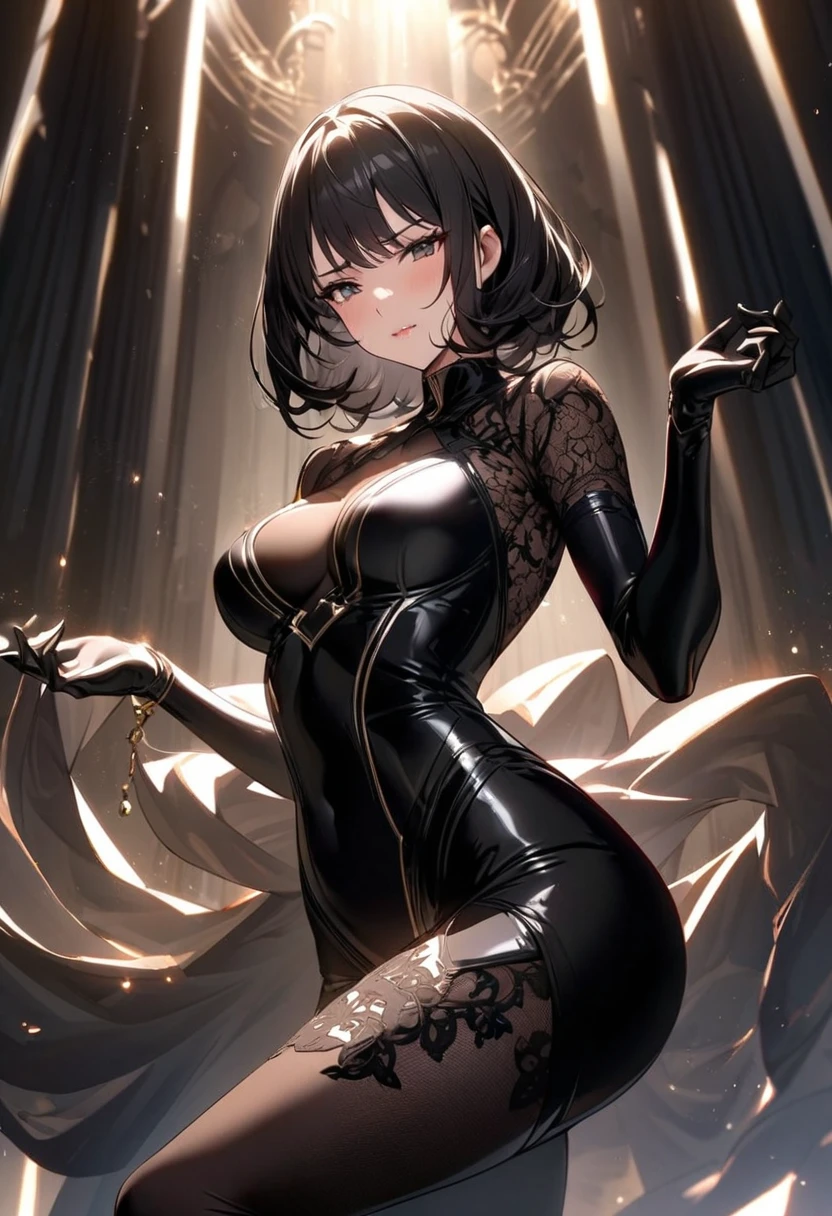 A girl with short black hair, golden eyes wearing a black dress, She carries a sword with a black handle
