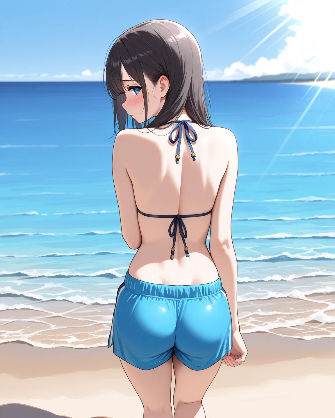 sakurajima mai, mai-san, (masterpiece), white bikini, 1girl, solo, (high resolution), beach view, ocean view, tsundere