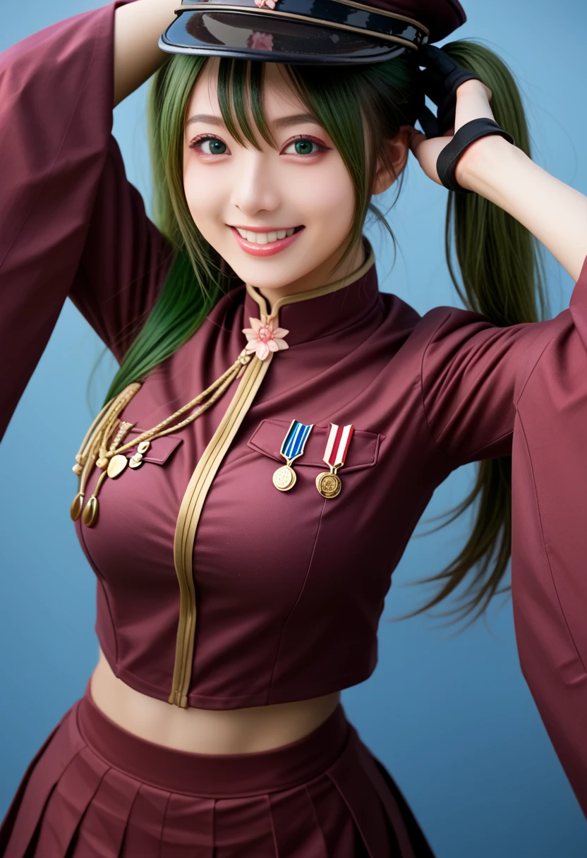 1 girl, long hair, red hair, archery girl, green archery wear, captain cap, ultra details, ultra high res, 8k,