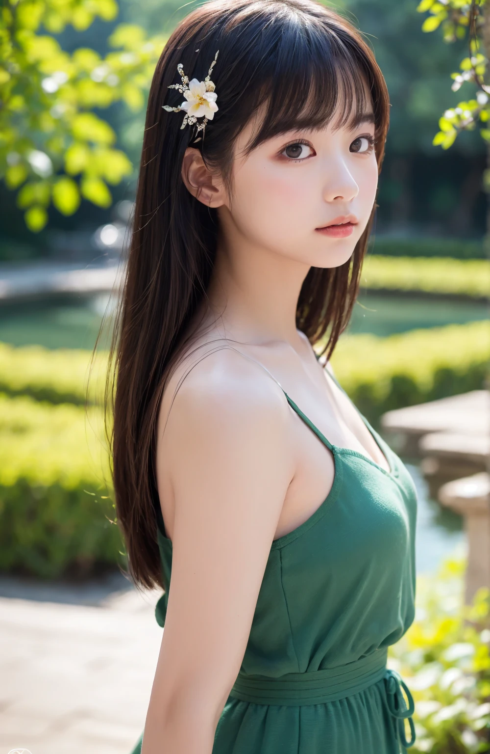 Create an ultra-realistic image of a 21-year-old Japanese woman named Kotone visiting Eiheiji Temple in Fukui Prefecture. She has extremely long, perfectly straight black hair that flows down to her waist, with blunt bangs that cover her forehead. Her eyes are large, enchanting, and have double eyelids with sparkling black pupils, giving them a captivating and youthful appearance. Her face is delicate and innocent, with very thin eyebrows that frame her large, childlike eyes. Kotone's skin is smooth and flawless, resembling snow in its pure white color. She has a slender and well-proportioned body with a shapely bust size of 95 cm, a height of 158 cm, a weight of 43 kg, an ideal waist size of 58.46 cm, and an ideal hip size of 86.73 cm. Her complexion is flawless, without any wrinkles, and her natural makeup enhances her features subtly, maintaining a fresh and youthful look. She embodies a perfect balance of youthful charm and mature elegance, with a cute and innocent smile that adds warmth and affection to her appearance.
Kotone should be depicted standing in the serene grounds of Eiheiji Temple, with the traditional temple buildings and lush greenery in the background. She is wearing a respectful and stylish outfit, appropriate for visiting a sacred site, such as a chic long skirt and an elegant blouse.
