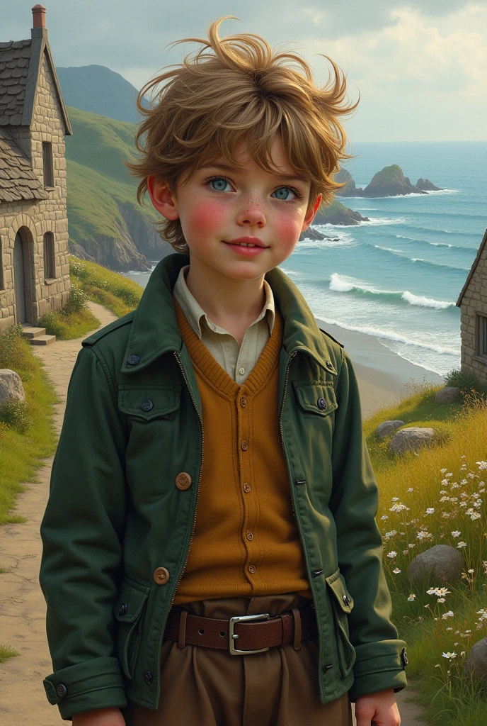 Introducing Finn a boy, happy, perfect quality, clear focus (clutter - home: 0.8), (masterpiece: 1.2) (realistic: 1.2) (bokeh) (best quality) (detailed skin: 1.3) (intricate details) (8K) (detail eyes) (sharp focus), (happy), a kind-hearted and adventurous boy, with his house by the river.