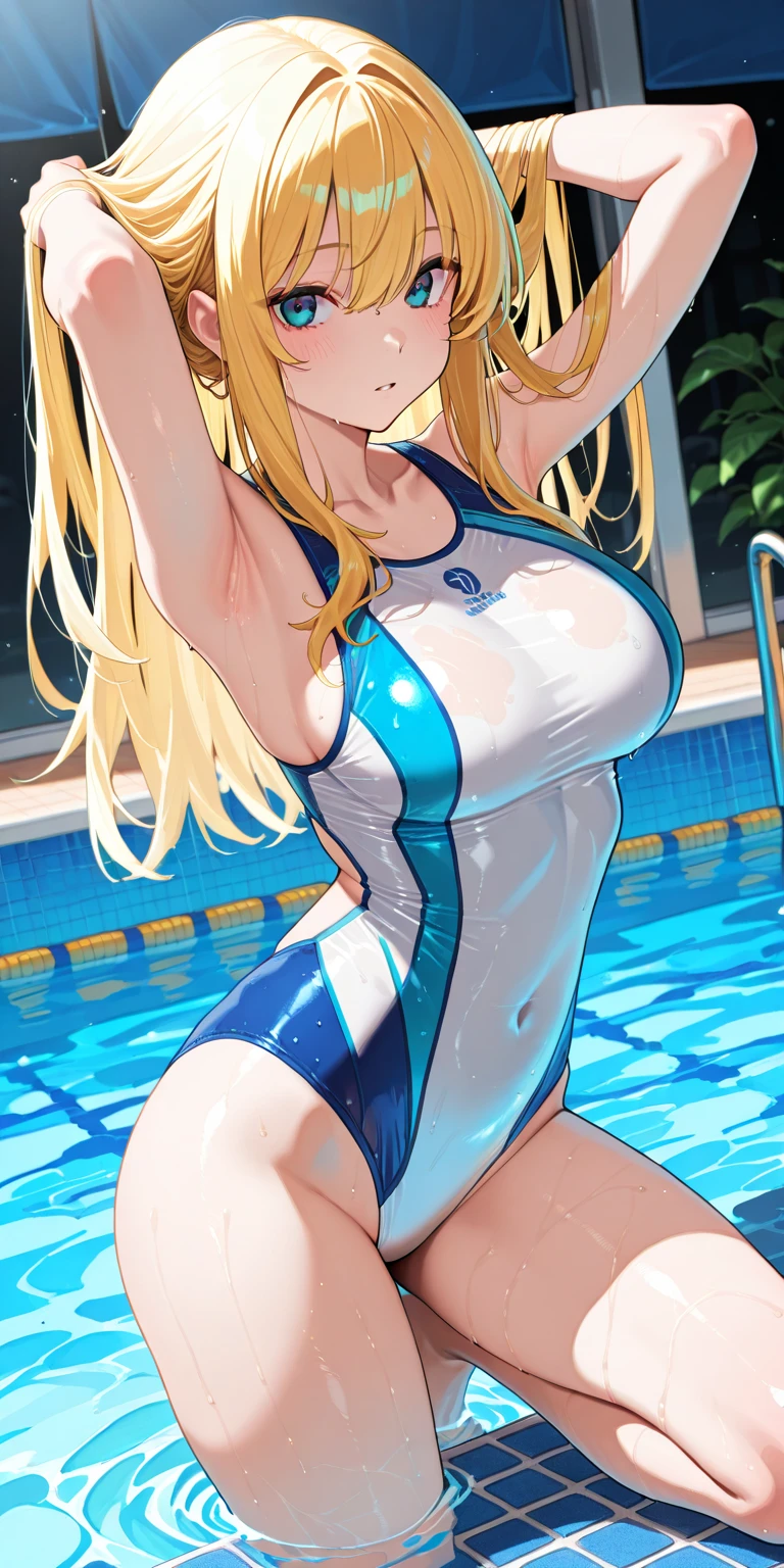 A beautiful barefoot young woman with wet blonde hair in a swimsuit in a public shower.