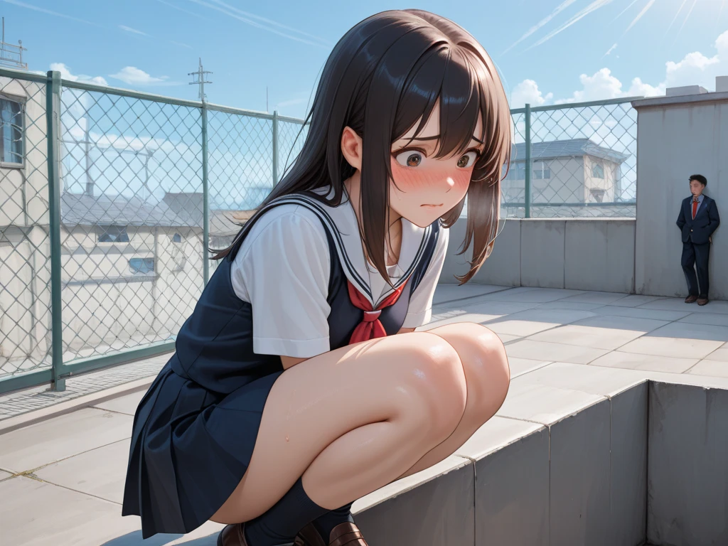 masterpiece, best quality, absurdres, detailed, portrait, 1girl, (Chitanda Eru:1), high school wear, sitting, white panties, squatting, from below, looking down, look at viewer, smile, closed mouth, black knee-high socks, brown loafers. outdoors, city, sky, Beautiful background,Golden ratio,(perfect human anatomy),(Beauty of form:1.4)