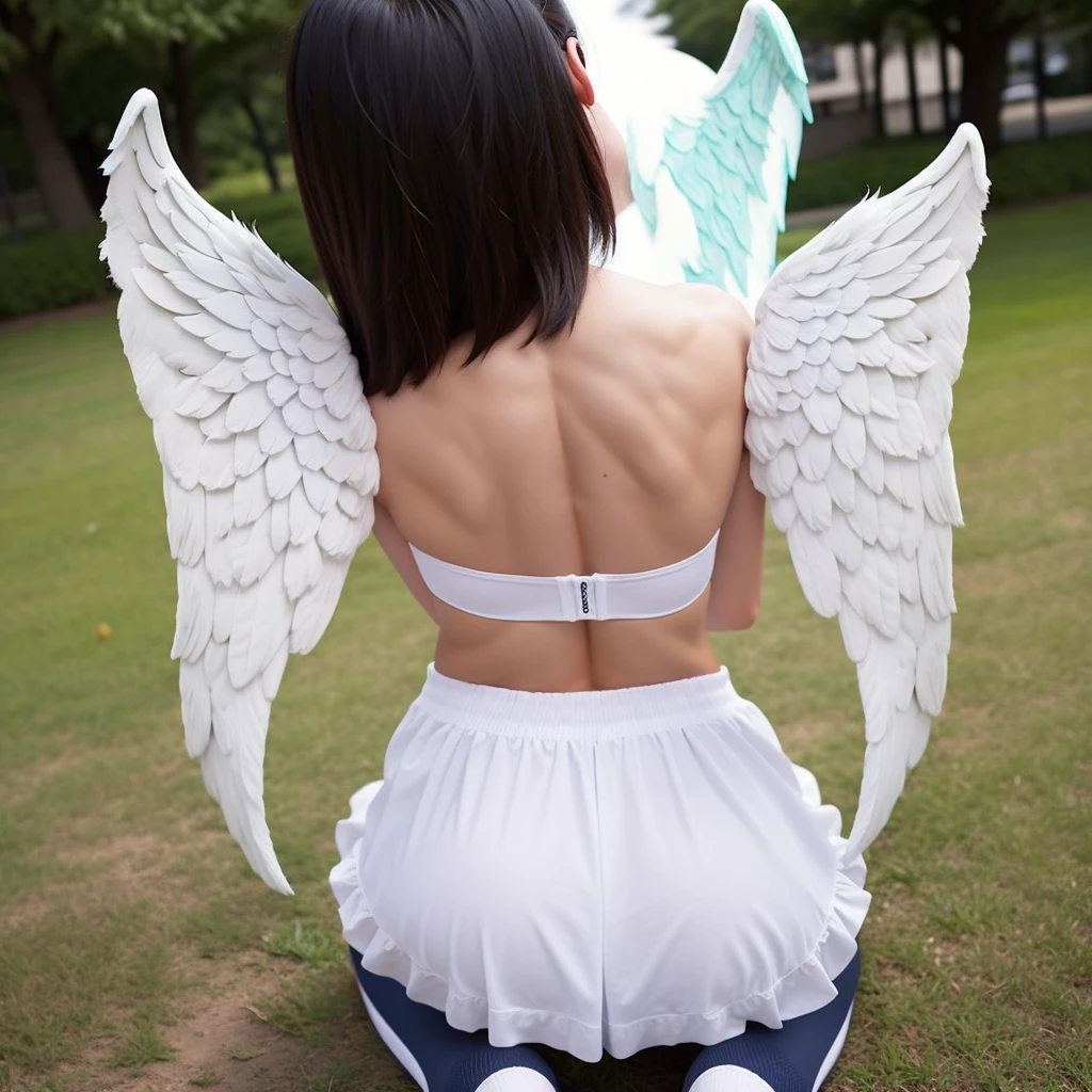 distance from view, back view, Stylish AI-powered Cupid with sunglasses 
wearing boyfriend white jeans illustration with futuristic wings and a 
digital bow and arrow, spreading love in the digital age. on Valentine's Day. 
She is in a doggy-style position overlooking the wings, while easily looking 
at her own buttocks. She is in doggy-style position, gazing out at the wings.