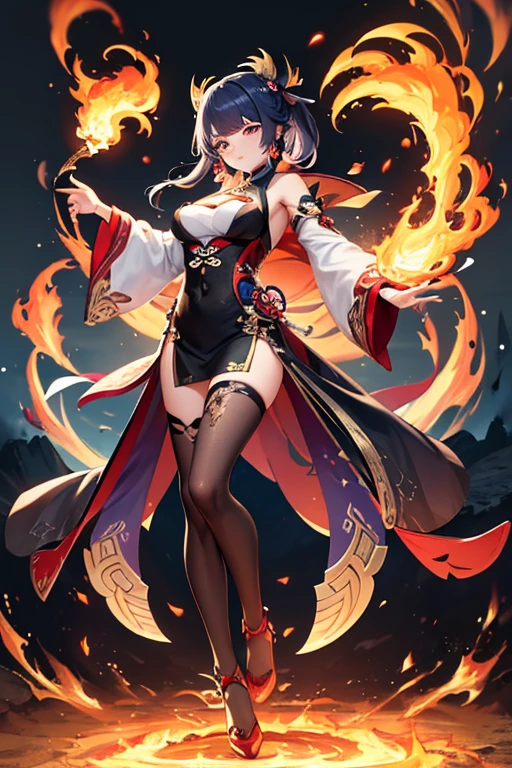 (top-quality、8K、32K、masterpiece、UHD、ighly detailed、Impresionismo:1.2)、(Behind a girl is seen a Chinese dragon breathing flames:1.3)、Full body, (Dynamic Pose、Raise one leg:1.4)、beauitful face、blurry backround、20-year-old beauty、shinny skin、Red color hair、short-hair、Double bun、Blue eyes、Chinese clothing、Floral hair ornament、Naughty smile with open mouth、Absolute area、Holding a Chinese-style sword、