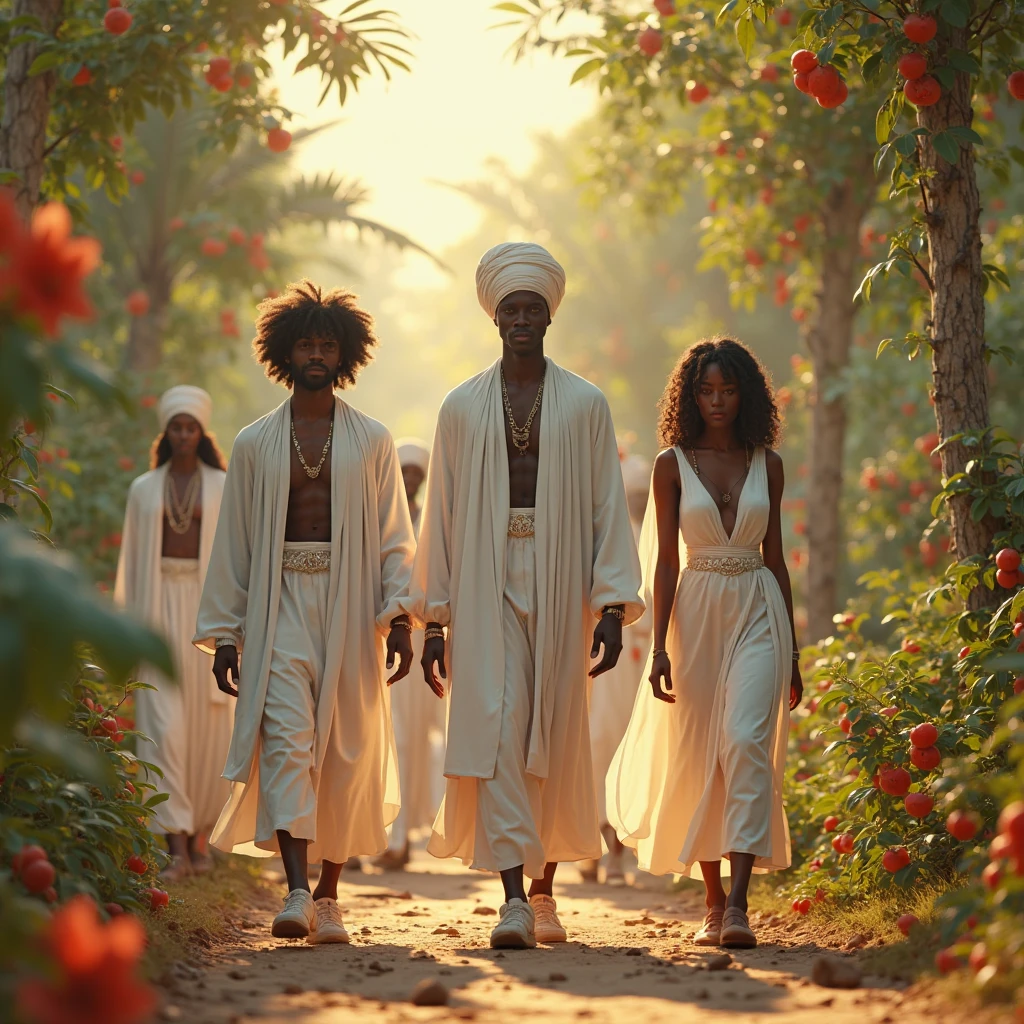 A black woman in a yellow dress, a black man dressed all in white, a black man dressed in green and a black man covered in straw clothes up to his head at a waterfall