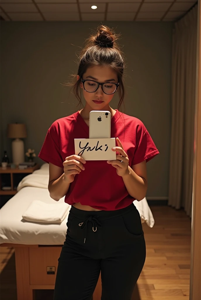 "Generate an image of a young woman standing in front of a mirror, taking a selfie. She has long, dark hair that falls over her shoulders, and her face is mostly obscured by the smartphone she’s holding up with her right hand. The woman is wearing a slightly oversized, white T-shirt with the word 'ANO' printed in large, multicolored letters across the chest. The T-shirt is neatly tucked into high-waisted, light blue jeans that fit snugly at the waist. The setting is a simple, indoor space with soft, natural lighting that creates a warm and relaxed atmosphere. The mirror she is using is large and has a dark, plain frame. The color palette of the image should be muted, with a focus on earthy tones and soft contrasts to give it a casual, laid-back feel."