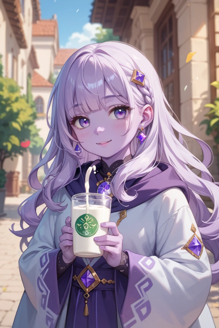MedGorg, (long hair, purple hair:1.6), purple eyes, breasts, epic art, fantasy, 1girl, blurry, cup, depth_of_field, solo, holding, looking_at_viewer, holding_cup, blurry_foreground, long_sleeves, day, dress, sky, cloud, upper_body, table, outdoors, cloudy_sky, teacup, breasts, virtual_youtuber, blurry_background, blue_sky, black_dress, plate, steam, "Photorealistic, Hyperrealistic, Hyperdetailed, analog style, soft lighting, subsurface scattering, realistic, heavy shadow, masterpiece, best quality, ultra realistic, 8k, golden ratio, Intricate, High Detail, film photography, soft focus", anime coloring, anime screencap, sweating, steaming body, fog