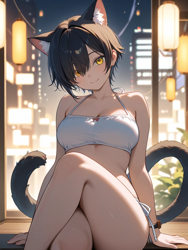 ankha, anime style, catgirl, cat ears, yellow fur, blue hair, blue cat tail, yellow stripes tail, shorts hair, wide hips, thick thighs, huge round ass, medium breast, business suit, formal suit, white shirt, long sleeve black formal suit, black necktie, black strict trouser, secretary pose, office, absurdres, high res, ultrasharp, 8K, masterpiece, looking at viewer, more free space on top 1/3 of page
