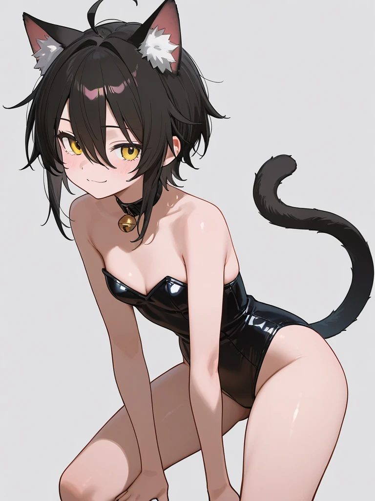 1 girl, high quality, bob hair, black hair, forehead, green eyes, medium breasts, leotard, (straps on thighs), thick thighs, simple background, high gloves, stockings, cameltoe, cat tail, cat ears,((thong)), (lace:1.2), nipples