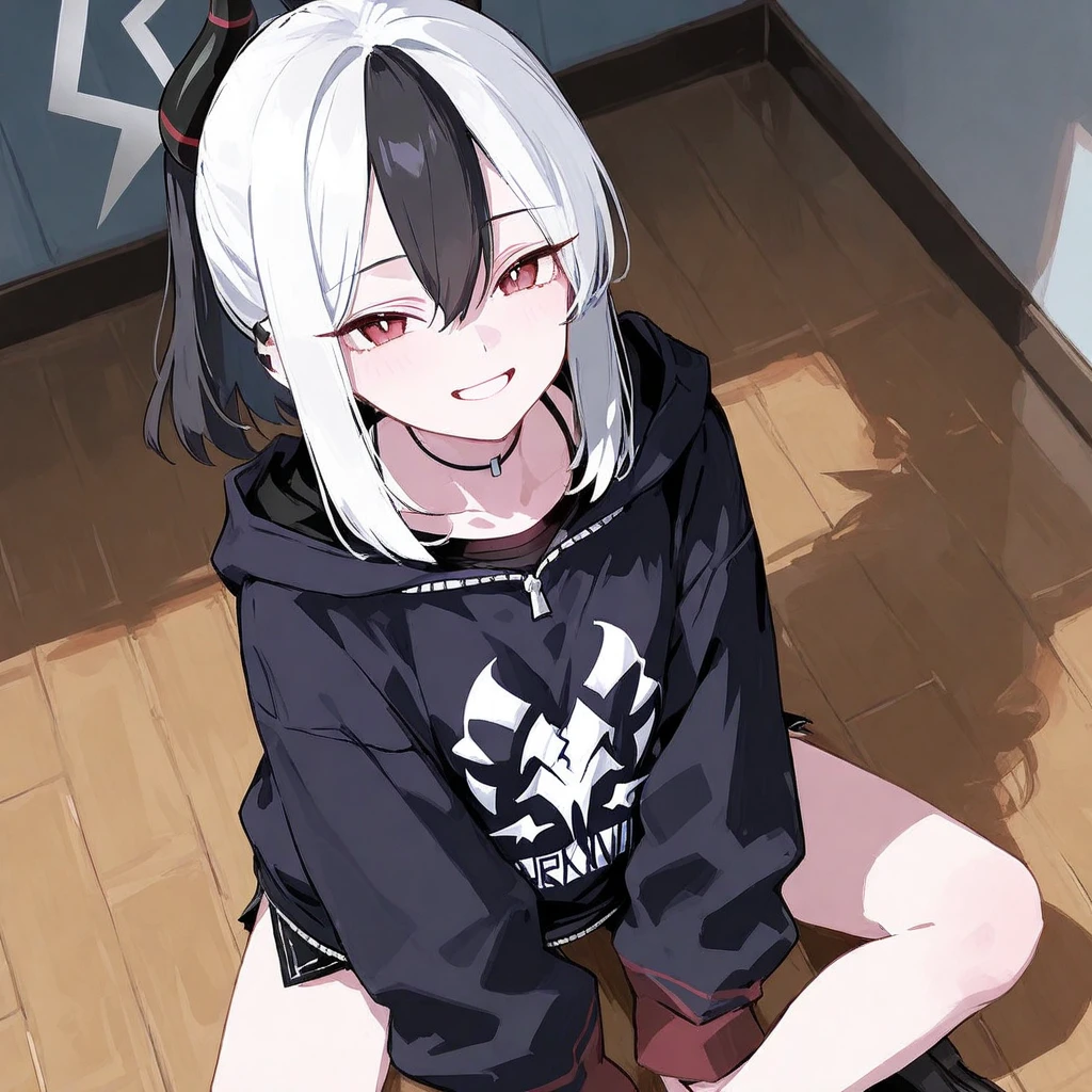 ((best quality)), ((highly detailed)), masterpiece, absurdres, (white hair with black bang),(detailed eyes, deep red eyes), (1girl), yandere trance, yandere, hands on own face, hands on own cheeks, shaded face, ((glowing eyes)), (upper body), hexmaniacms, ((@.@)), bags under eyes, ahoge, headband, black hair, pale skin, big breasts, , black clothes, (at a cafe, coffee, noon),
BREAK black hoodie, choker, hood, hoodie, pleated skirt, skirt, red skirt,
BREAK (masterpiece:1.2), best quality, high resolution, unity 8k wallpaper, (illustration:0.8), (beautiful detailed eyes:1.6), extremely detailed face, perfect lighting, extremely detailed CG, (perfect hands, perfect anatomy),