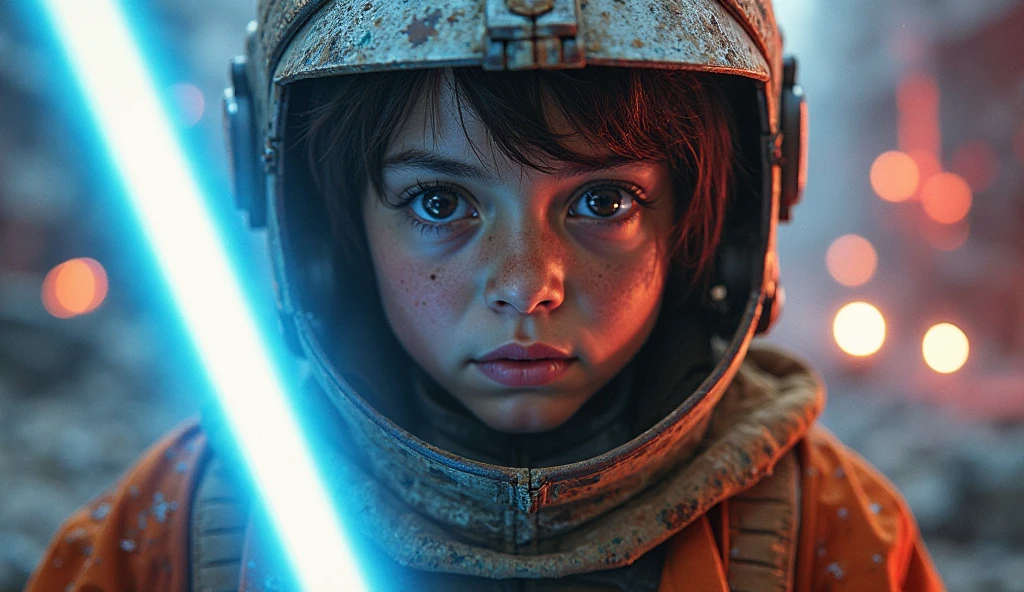 masterpiece, best quality Columbian tween girl, studio lighting, short bangs, inquisitors outfit, star wars, holding a lightsaber, view of the desert