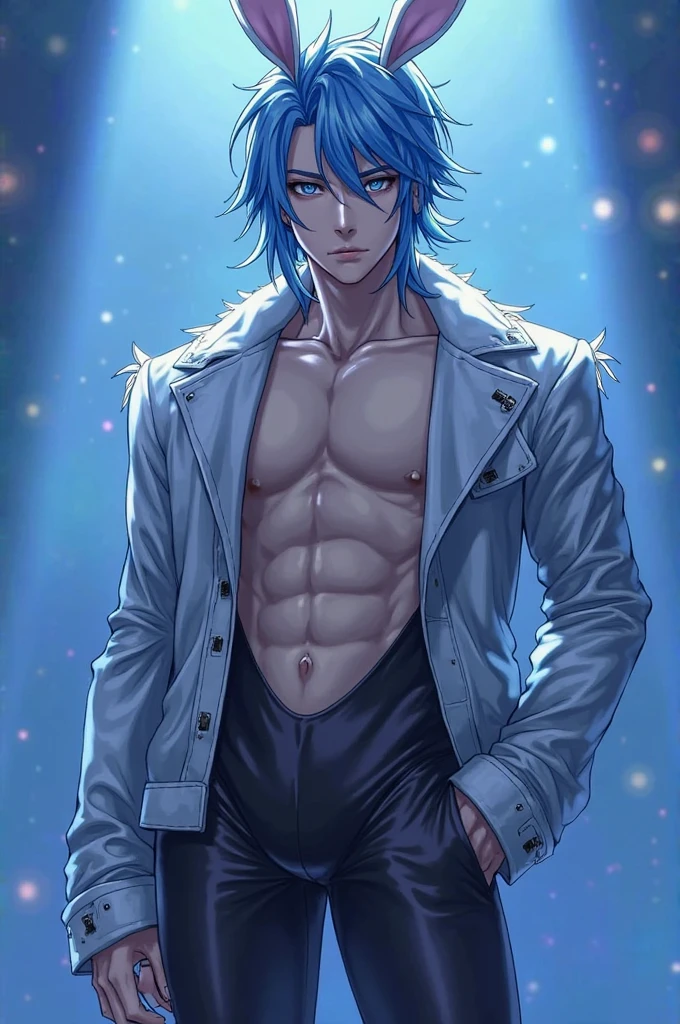 masterpiece, highest quality, (solo focus), (perfect face:1.1), (high detail:1.1),dramatic, 1guy, (pale skin), long dark blue hair, blue eyes, solo, long hair with long fringe , moon, night, black luxury suit, covered navel, covered, futuristic city, detailed background, art by artgerm and greg rutkowski, cinematic lighting, muscular, very masculine, very hot man, tanned skin, kaeya alberich genshin impact, light brown skin