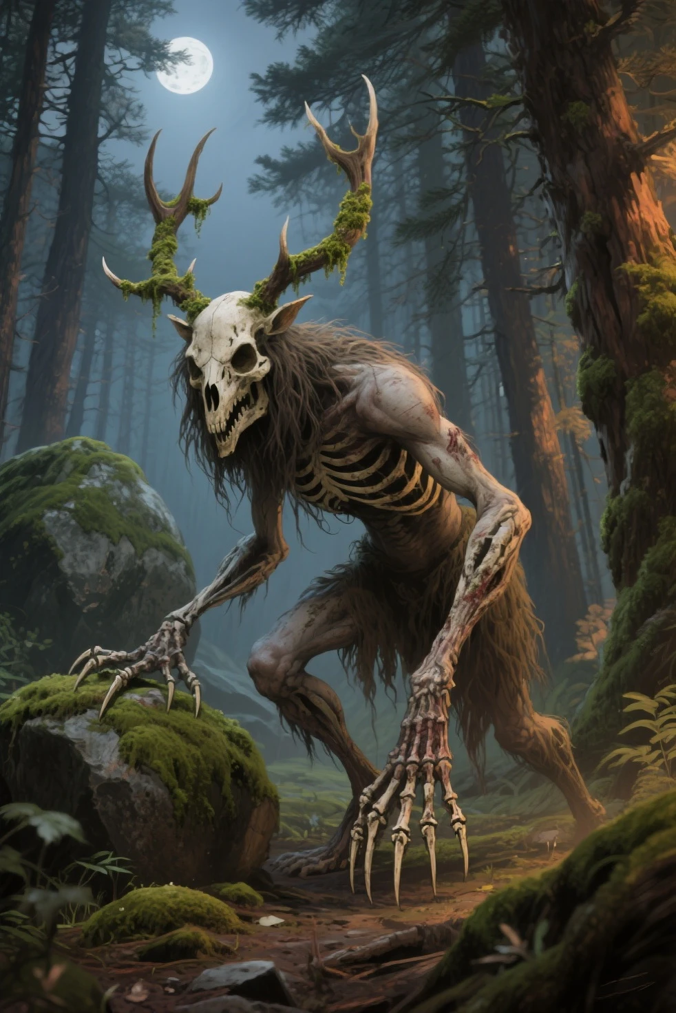 full body portrait of scary monster made of wood,  leshen, deer skull as a face, moss, clothes made from human skin, wolf as pet,  dark mysterious forest scenery , fantasy, dark fantasy , mediaval, full body , cinematic, render , 8k, unreal engine, realistic, masterpiece, high detail, full body , sci-fi, low life, volumetric lighting