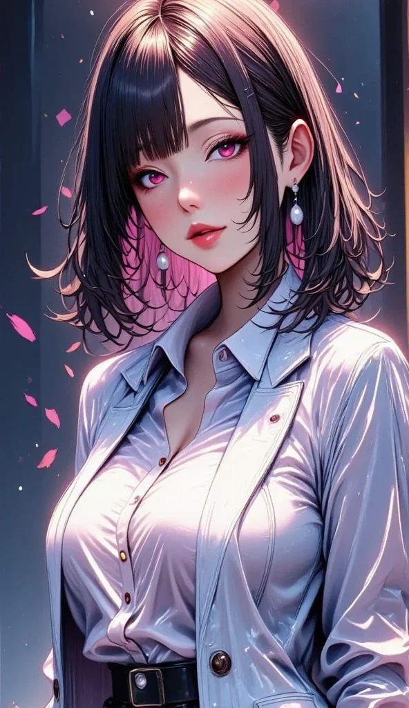(best quality:1.5, highres, UHD, 4K, detailed lighting, shaders), purple floral haired, gradient hair, large breasts, suit, gray shirt, social shirt, short skirt, mature woman , (pov), white background, colorful eyeshadow, dramatic lighting, sparkling eyes, sensual expression, golden earrings, flowing hair, delicate facial features, dark skin, high cheekbones, urban setting, white background, dont look for the camera, lean forward, view from behind , wet by rain raining.