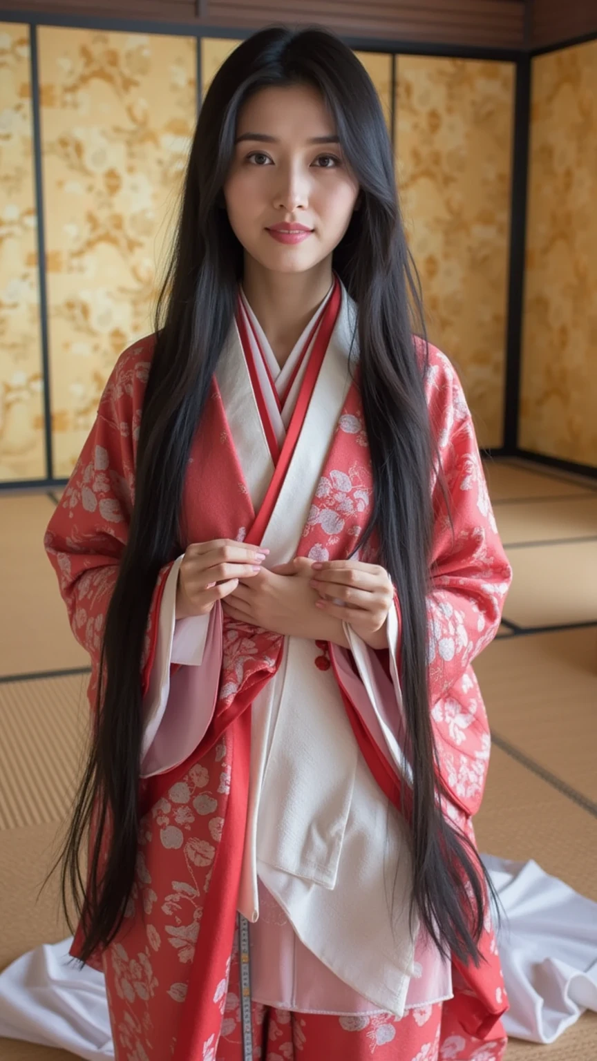 Close up face, A beautiful Japanese woman with ultra-long black hair ...