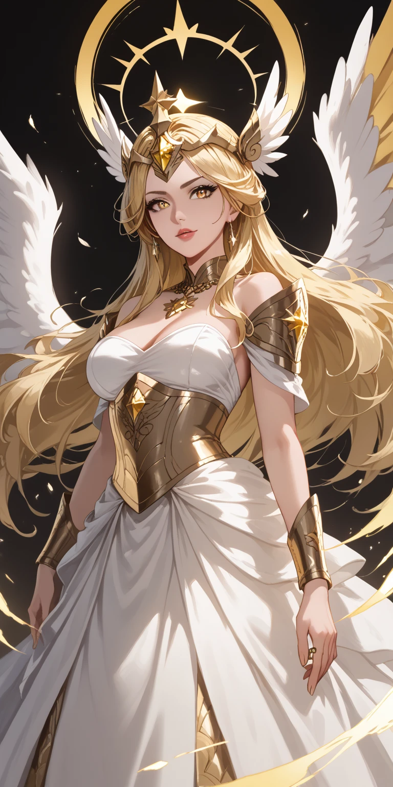 Very beautiful woman angel、Big Wings、 Angel Halo、 Ancient Greek golden dress、 Realistic、Face reality、and、Sexy smile、Small breasts、Sexy pose、