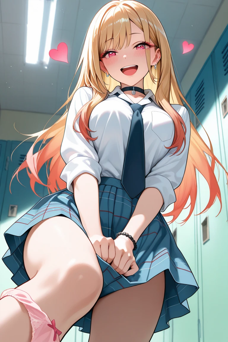 masterpiece, highest quality, High resolution, Kitagawa Marin, 1 girl, blonde hair, long hair, colorful hair, red eyes, jewelry, earrings, earrings, school uniform, transparent shirt、white shirt, open shirt、tie shirt, black choker, blue tie, plaid skirt, (sexy white panties)、evil grin, (big breasts), In the classroom, ((put your chest on the desk))、((cleavage))、(((Angle from below the crotch)))、((sit in a chair))、((open your legs))、(((I can see your panties from under the desk)))、((close-up of crotch))、raise your knees、