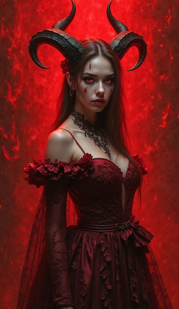 A  little devil girl, beautiful detailed eyes, beautiful detailed lips, extremely detailed face and features, long eyelashes, porcelain skin,  figure, horns, devilish expression, mischievous smile, black and red dress, lace trim, torn fishnets, detailed textures, dark fantasy, dramatic lighting, cinematic, moody colors, deep shadows, brooding atmosphere