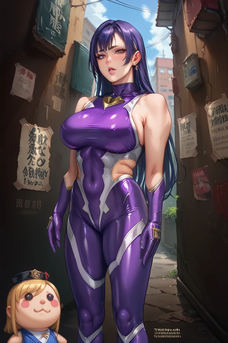Masterpiece, high definition, high quality, detailed face, detailed body limb rendering, 1girl, solo, Hinata Hinata, Hinata sleeveless clothing, room,, sleeveless shirt, fishnet garment, dark lips, unzipped jacket, no bra, breasts out, standing, blush, , stockings, transparency