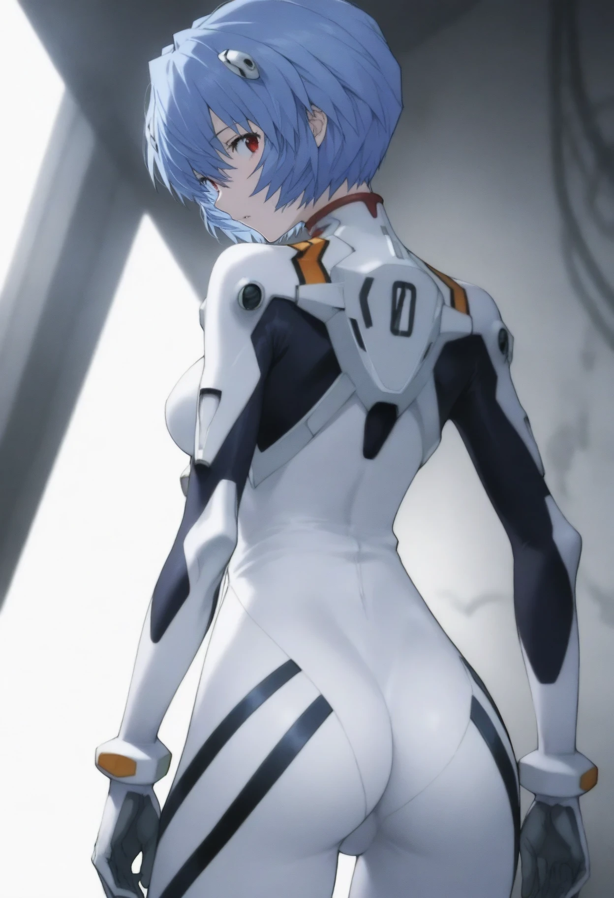 Rei Ayanami in her tight EVA pilot suit showing her huge ass to the viewer.