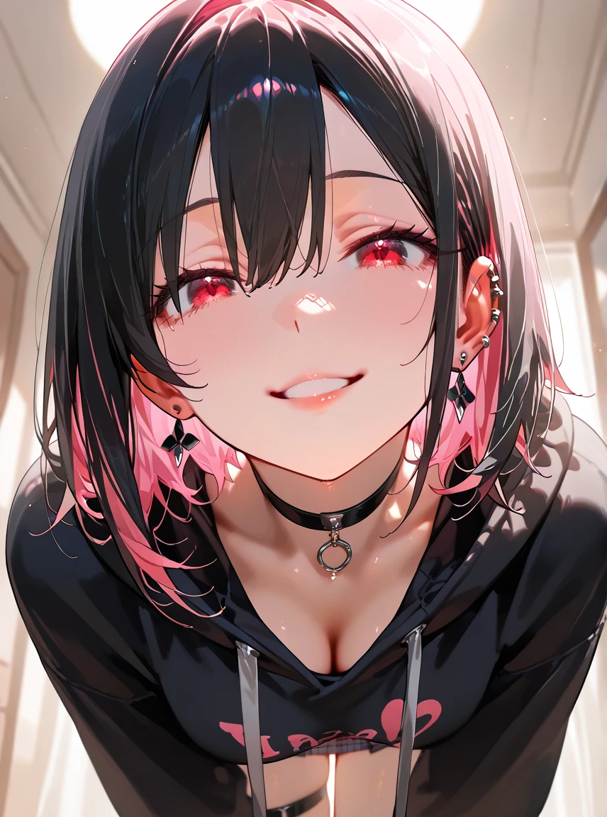 looking ahead,from above,slouch,handjob,side view,face focus,open mouth,tongue out,cum on tongue,Licking a white dildo,(1girl,Beautiful 14 year old girl),((Slender,Small breasts,Baby Face,Small face,)),looking at viewer,Black Hair,bangs,two side up,Gray Eyes,Drooping eyes,slit pupils,narrow eyes,ollarbone,black t-shirt,off-shoulder look,Black and red checkered short skirt,Beautiful and detailed anime art,Mischievous smile,Dimly lit room,Simple Background,Gray background,Low lighting