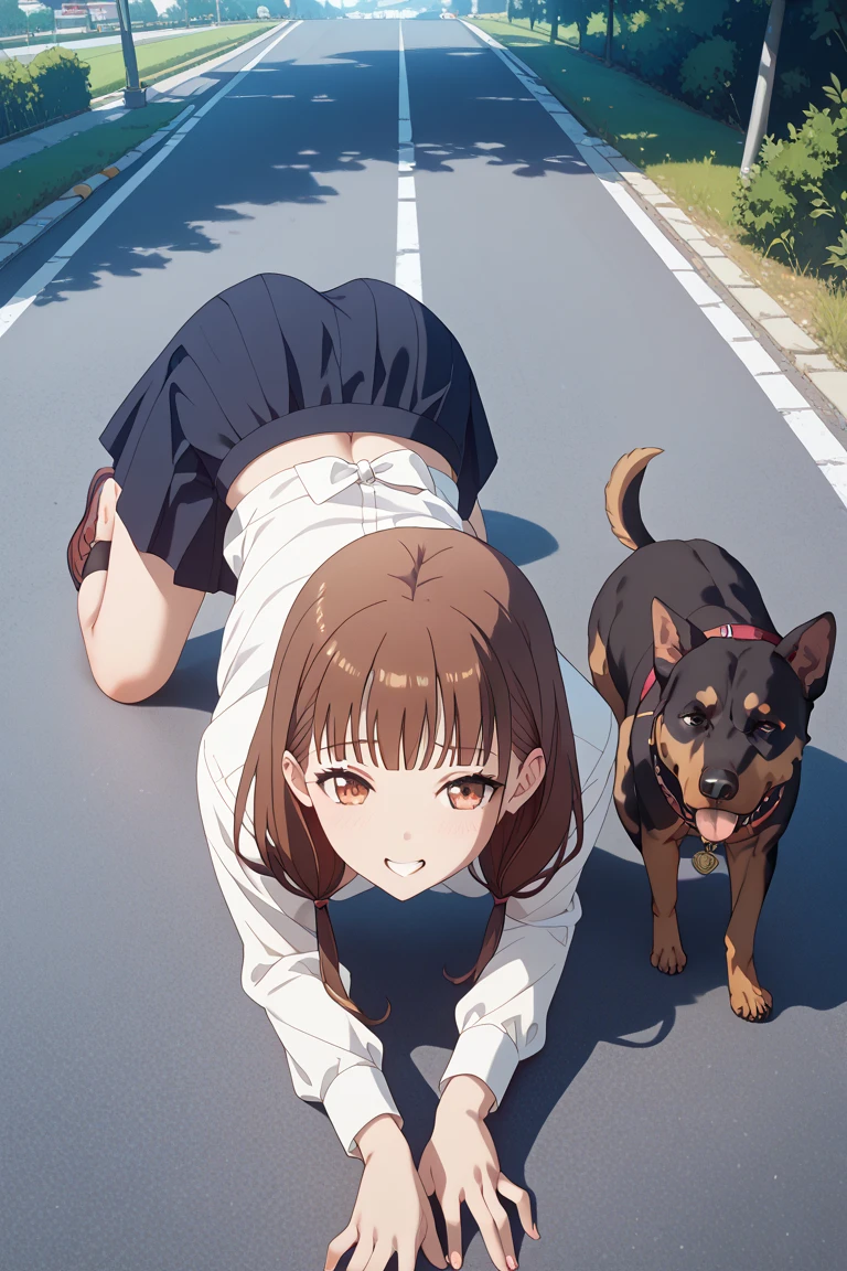 (1man:1.8),group,1girl, (crawl on all fours:1.3),short ponytails,beautiful girl,17 years old,,highschool student,akb48,nogizaka46,small breasts,skinny, brown hair,standing,(The woman is completely naked:1.7),fullnude,pussy,cry,tears,(collar:1.2),(restrained:1.2),(shackles:1.4),bdsm,public indecency,road in residential area,road,,Buildings outside,collar, (leash:1.4),(fullbody:1.3),A man takes a naked woman for a walk,The man holds a leash in his hand that connects to the woman's collar,man is 30 years old,
man is dog trainer,A man is training a woman,from side,penis,vaginal penis,doggystyle,penis in pussy,back,