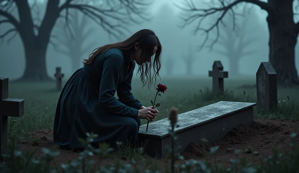 red-haired woman, fund:A cemetery surrounded by fog.
Action: she is in front of a tomb, With an expression of determination. She kneels and places a black rose on the tombstone.. when getting up, the camera shows his gaze fixed on the horizon, as if he had just made an oath.