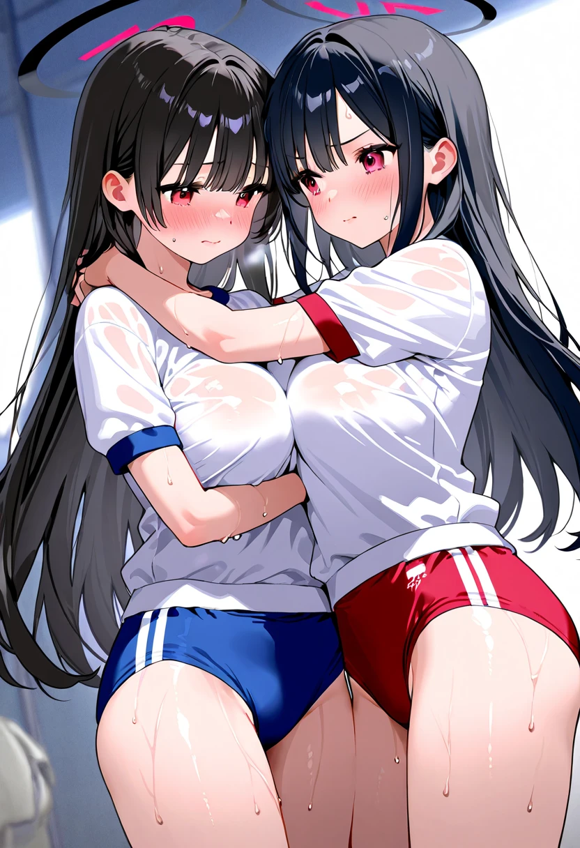 2 Asian girls, anime girls, both farting together side by side, desperate to poop, farting while standing, farting in public changing room, wearing volleyball shirt no pants, stomach bloated, hands hugging stomach, pained expression, shocked and embarrassed, mouth open in shock, sweating, blushing, beautiful and cute face, anime art style, fit body, tall and thin, view from side, legs spread, 2 girls, duo, 2 girls farting facing each other