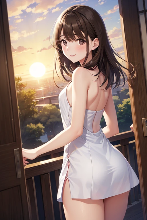 ​masterpiece、detaileds、(1人の女性:1.3)、(Soft bust:1.2)、Natural Big、(Simple transparent dress with pink areola showing through )、(thighs thighs thighs thighs:0.8)、slender、(View landscape:1.1)、Seen from the side、Brown hair、(Hair is tied back)、(Highlights in the eyes)、de pele branca、(embarassed expression)、(swimming pools)、with blue sky and white clouds、1 contrail、Beautiful summer flowers、(Blurred beautiful background by the pool in resort area:1.2)、(Avoid backgrounds around the face)、diffuse sunlight