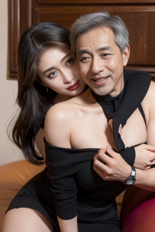 smartphone、Selfie、Hotel、ラブHotel、bed、bed上、high resolution、50-year-old male、Man with gray hair、young woman、Brown haired woman、naked、dim、