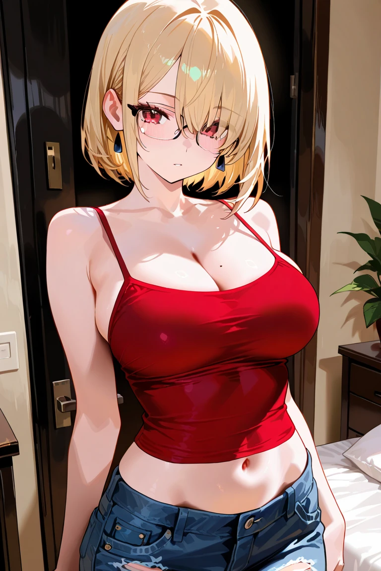 Blonde、short hair、Red eyes、Red dress、Red clothes:1.5、necklace、Rose hair ornament、one person、A relaxed smile、Casino or Bar、Big Breasts、(highest quality),(High resolution),(full intricate details),(Very high quality artwork),(Extremely detailed 8K CG),((Perfect piece) ), (((masterpiece)))、 Late teens、thin waist and limbs、sexy, erotic, 18+、Sweat:1.5