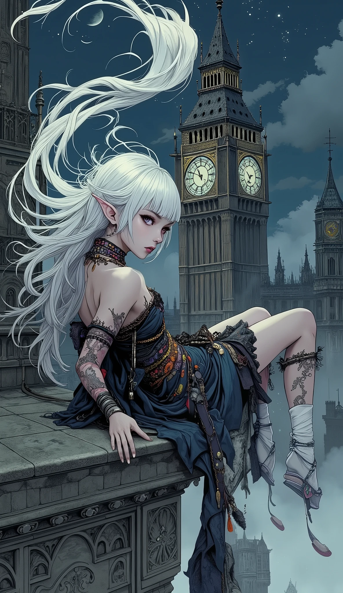 (A fusion of Ukiyo-e and dark fantasy. Aesthetic and gothic digital art. Illustrations are drawn from the perspective of looking up diagonally from the ground.) BREAK
(White hair. Blunt bangs. White eyebrows. Long white eyelashes. Almond-shaped eyes. Lavender eyes. Dark, thick eyeliner. Small pink lips. Slightly pointy ears. Pale, translucent skin. Thin limbs. Thin fingers. White fingernails. One thumb and four fingers accurately drawn.) BREAK
(The world of the Gigil and Hyde story is set in medieval England. The moon is icy pale in the dark sky and the stars twinkle. A female elf vampire hunter twists her body on her back on the roof of the clock tower of London's Big Ben, and in a daring pose, she rakes up the hair on her back with her hands, exposing her back. Her back is painted with an ancient pictograph meaning a shadowy dragon in a mixture of bright blue, green, and shimmering purple. The woman wears a choker adorned with red beads and yellow and orange gemstones and a jet-black church-style halter with a wide back opening. She wears a dress and a sash of thin, transparent organdie material made of Russian-style silk, elegantly wrapped around her waist. She wears an Arabian-style curved dagger at her waist, braided sandals, and silver-embellished bracelets and anklets on her wrists and ankles. She weaves beautifully colored false hair into her hair. There is a thick fog and a strong wind.)