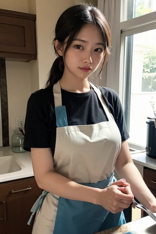 Close your eyes,scowl,perspire,blush,(best qualtiy,8K,tmasterpiece:1.3),A beautiful woman with a perfect figure:1.4,with short black hair,Bob cut,Wear a white apron,at the kitchen,Highly detailed face and skin,二重まぶた,huge tit,No bra,Stick out your tongue,Blush,Face looking at the audience,(M-legs:1.5),Squat,perspire,Full body photo,