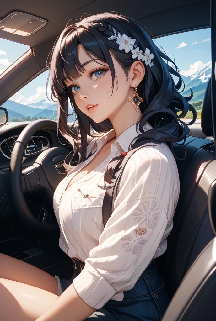 Morning，Black color hair，（best qualtiy，8K，tmasterpiece），(Sit in the car，Capture），(A pretty maiden，having fun，cabelos preto e longos，Long messy hair，curlies，Huge eyes:1.3，Long eyelashes，Delicate makeup:1.4，Sexy lips，Blushlush)，(Exquisite watches，Reflective necklace，Bulgari's earrings，Bulgari's ring)，(Sit in the car，Capture），（Fashionable outfits，dressed in a white t-shirt），（middle  breasts，endure），(Black oily transparent pantyhose），（Black hip skirt），Light ripe，Royal Sister，Best light，Best shadow，电影灯光，28 years old，1girll，Need，（realskin，Supple skin）Ray traching，Unreal Engine 5，Reflective skin，Digital illustration，Game CG characters，super model，（kpop,heartthrob），(Body edge lighting，Colored light sources are around)，There is wind blowing hair，Looking into the distance