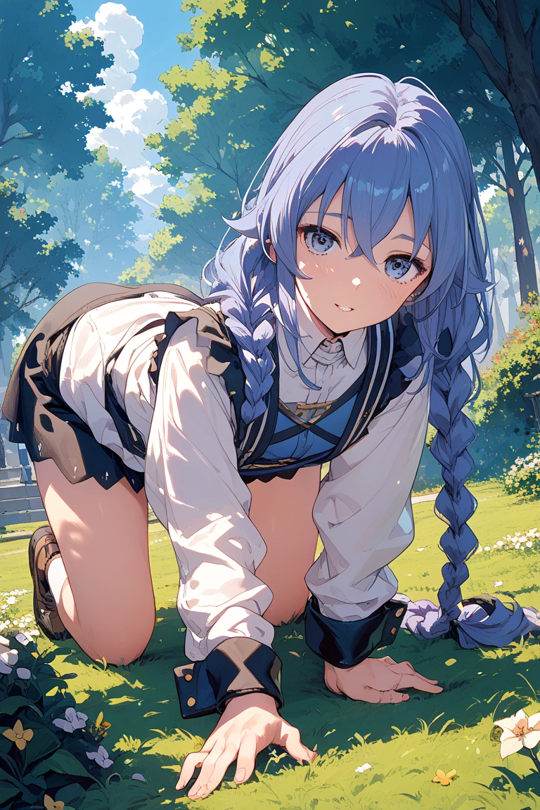 BREAK (masterpiece:1.2), best quality, high resolution, unity 8k wallpaper, (illustration:0.8), (beautiful detailed eyes:1.6), extremely detailed face, perfect lighting, extremely detailed CG, (perfect hands, perfect anatomy),castle,towers,night,stars,moon,starfalls,waterfall,twin braids, long hair, blue hair, blue eyes
white shirt, wet shirt,collared shirt,nipples,nipples see through,no bra,witch hat, black hat,white panties, wet panties, lace panties,camel toe, stockings,shy face,cleavege,neckline,sleeveless,sit on grass,spread legs.