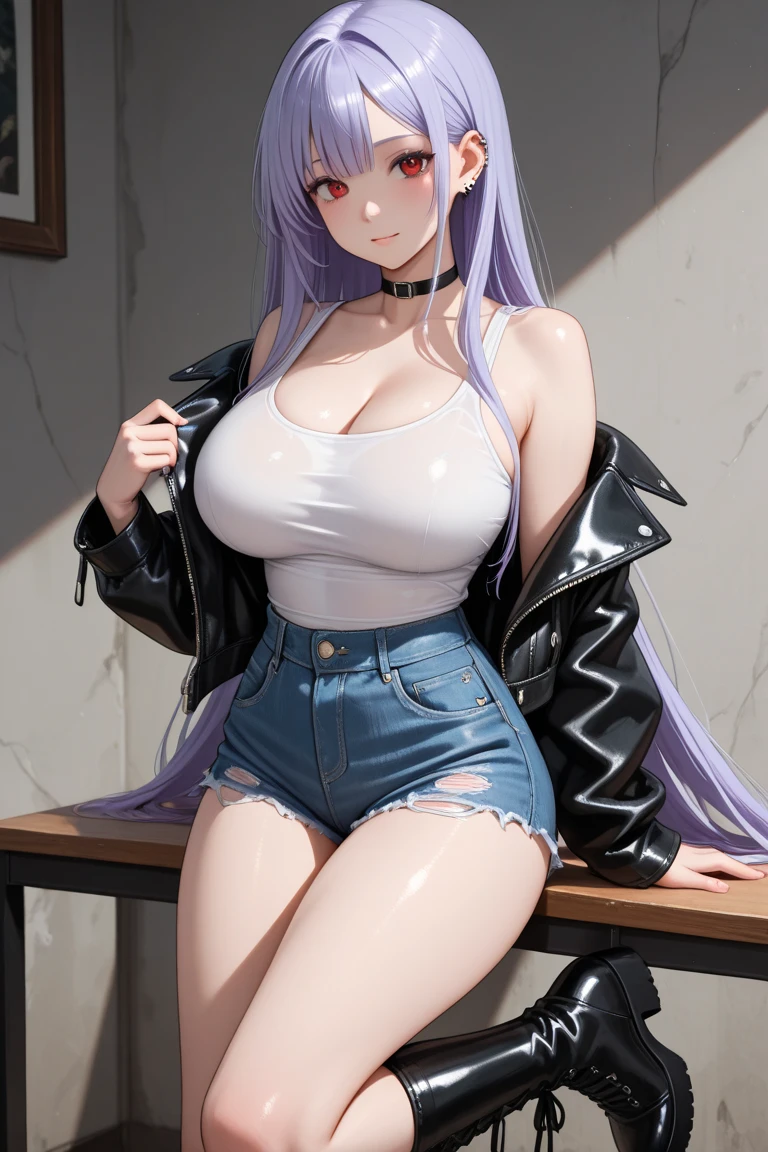 huge breast)),long hair,((silver hair,blue eyes)), daylight, sunlight, (perfect body : 1.0), collar, chain, full body shot, crowded street, wearing black tanktop, jeans jacket, ((shorts)),(masterpiece), (best quality:1.0), (ultra highres:1.0), beautiful lighting ,perfect lightning, realistic shadows, [highres], detailed skin, ultra-detailed,arms behind head, big breasts, anime style