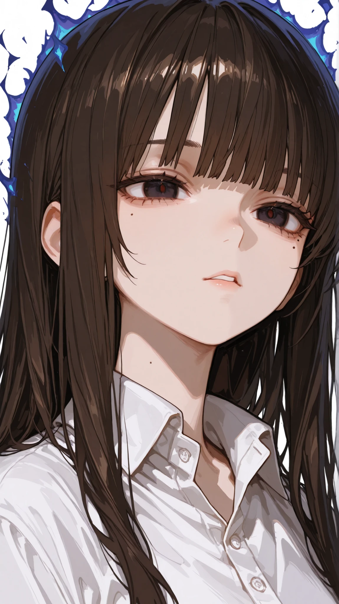 Fraction_9, Fraction_8_Up, Fraction_7_Up, Tomorrow Knight , 1 girl, brunette, straight bangs, long hair, Broken Aura , dark eyes , Mole under the eye, white shirt, collared shirt, looks at the audience, Loose, Small lips, upper body portrait, white background