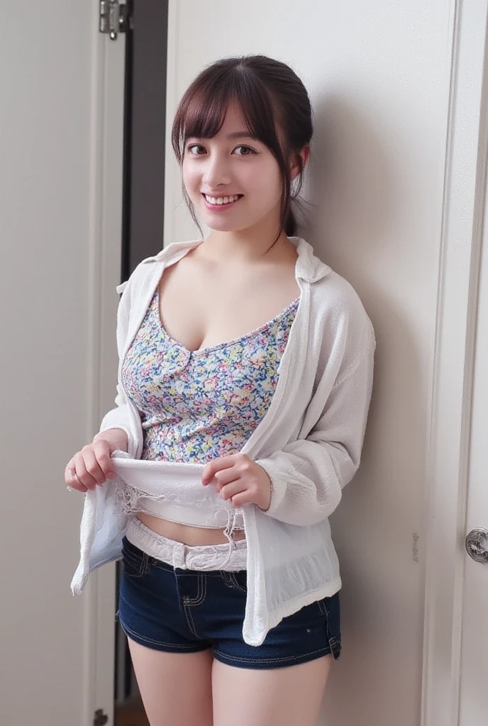 (8K、RAW Photos、Highest quality、masterpiece:1.2)、(Realistic、Realistic)、1 girl、((one piece:1.5、With pubic hair、Large Breasts、Full body from the front、Standing with hands behind back、、Lots of eyelashes、Glowing eyelids、skeletally correct、smile、This photo will awaken boys to sex、Hold your skirt with both hands and show me your panties、Underwear included
