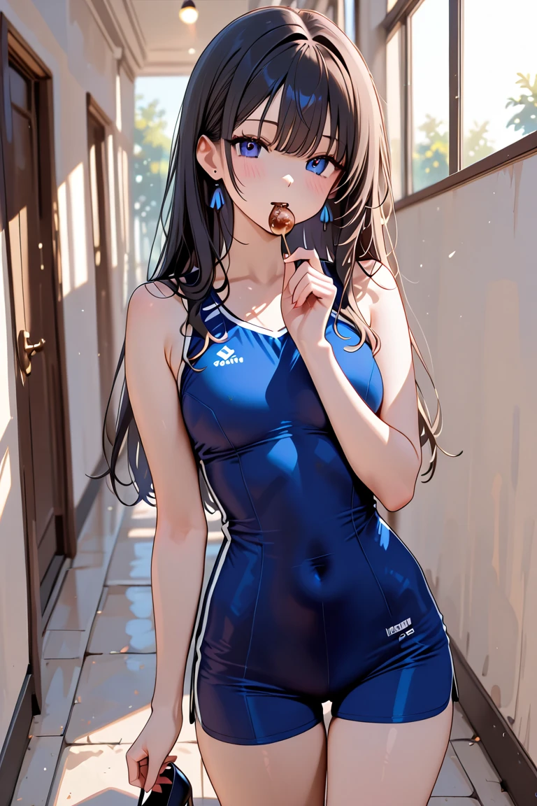 4K,High resolution, (Highly detailed CG,8k,wallpaper)、One five-year-old ,((Young Girl)),((Lori)),(Delicate and slim body),(low length),(Clean detailed eyes),(Beautiful and shapely breasts),（School Swimsuit),(Black Hair,Pink inner color hair)