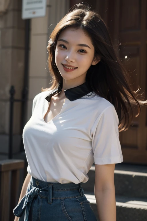 (best qualtiy,8K,tmasterpiece:1.3),(sharp fokus:1.2),(one-girl:1.2),(perfect body figure:1.4),(Slim abs:1.1),exteriors,ssmile,rays of sunshine,Fine face,beautidful eyes,Straight legs,white shirt, shorter pants, White sneakers
