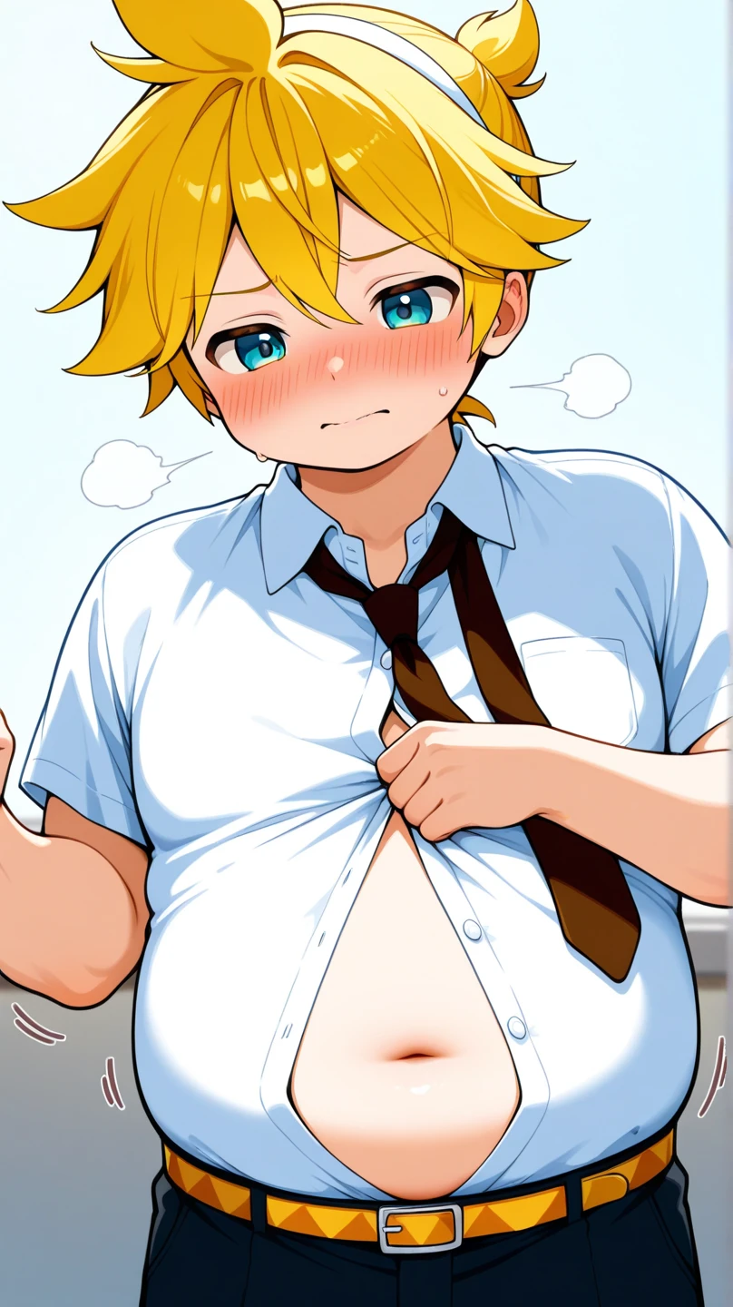 woman、Flat chest、Distended belly、Unbuttoned shirt、Black Skirt、Short blonde hair、Painful expression、Sweat、Put your hand on the wall