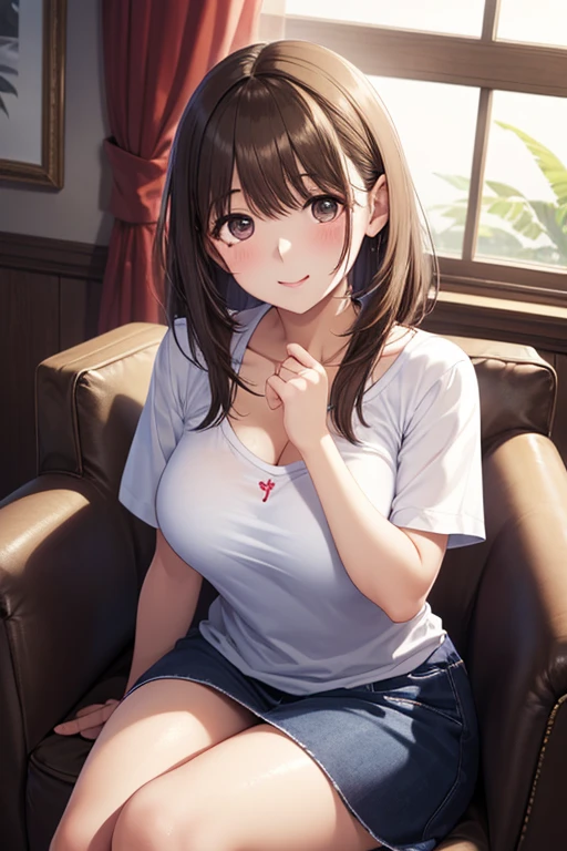 A girl sitting on a couch,Brown hair,High nose bridge,big eyes,Sexy and charming