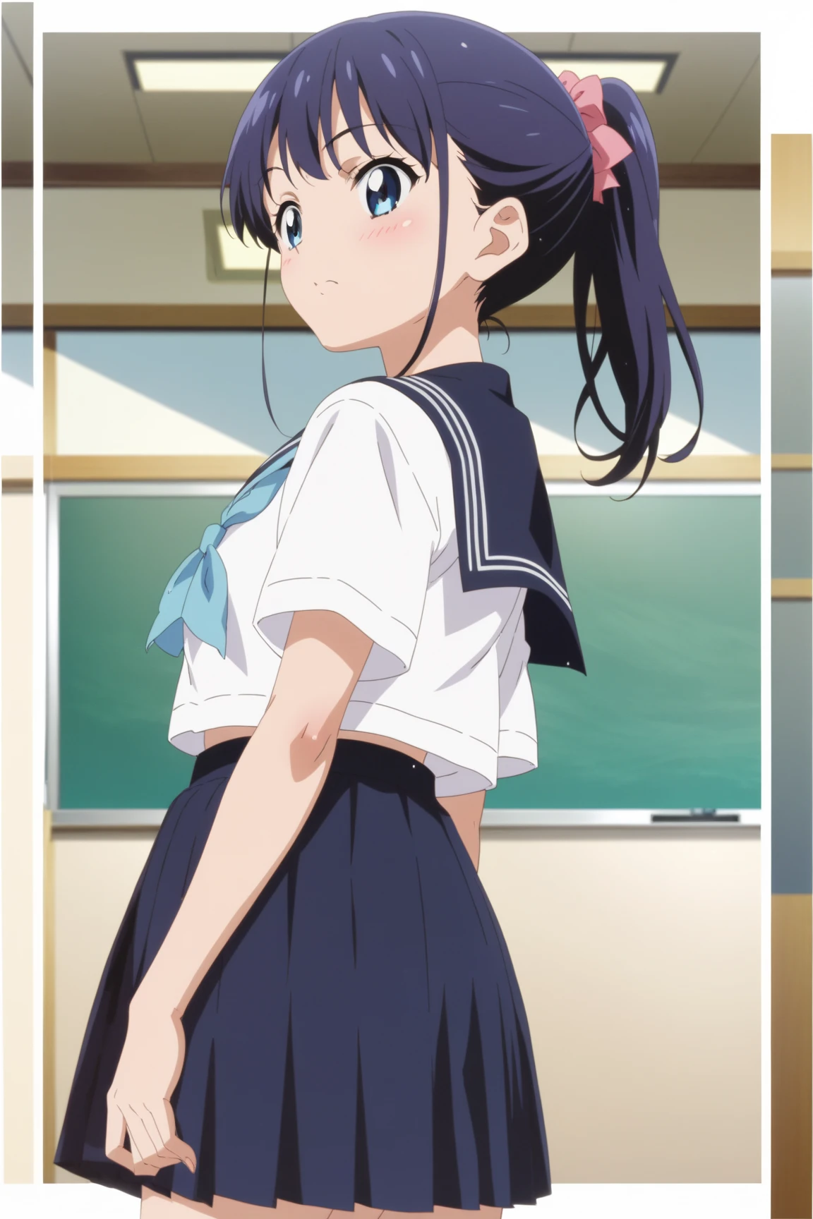 1 Great quality very detailed Girl with blue eyes but blue with ribbon on her head sailor navy short pleated skirt long stockings in classroom