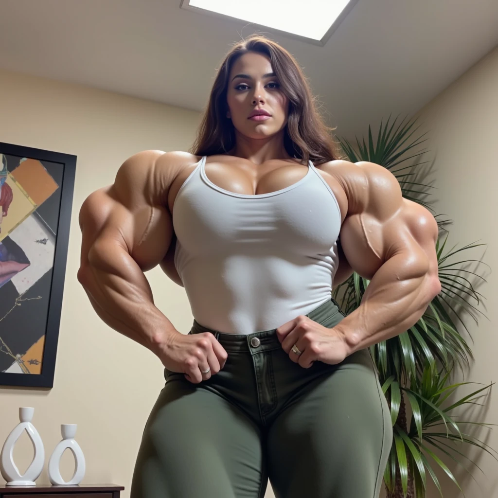 In this captivating image, we see Tiffany Amber- Thiessen, a professional bodybuilder, with her incredibly well-defined muscles showcased prominently. She is wearing a corset halter crop top that accentuates her powerful physique, paired with glossy compression pants that shine in the light, resembling stretchy sports tights. This high-quality image, whether it's a photograph or a painting, beautifully captures the strength and dedication of Tiffany as she proudly displays her physical prowess. The attention to detail is remarkable, with every rippling muscle perfectly depicted, making this image a true masterpiece.
