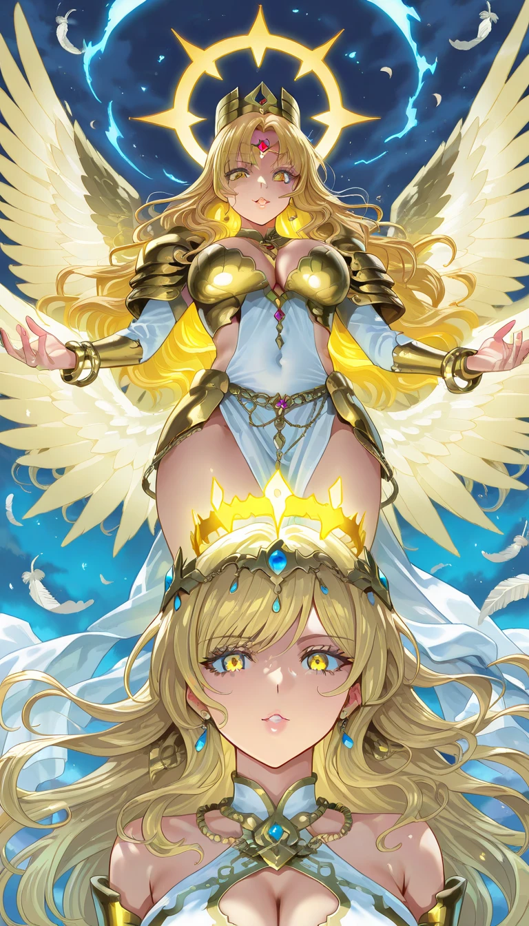 magical girl with large_breasts flying in the luminous magical background, magical effect around torso, cowboy shot, 1girl, solo, (masquerade mask), magical girl, cape, pantyhose, elbow long gloves, young adult, blonde gorgeous hair, luminous hair, large_breasts, large hips,