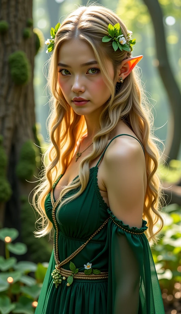 (1girl:1.3), (view the viewer:1.4), supermodel, woman with detailed blonde hair, , 1 girl, 14 years, japanese girl, in a  yellow summer dress, standing in a bamboo forest peeking from behind the bamboo at the viewer, closeup fantasy , , rouge lipstick, wet dripping hair,HUGE BREASTS AND CAN SEE DETAILED CLEAVAGE,, DETAILED ABS,ABS,ABS, HAS A VERY CUTE SMILE