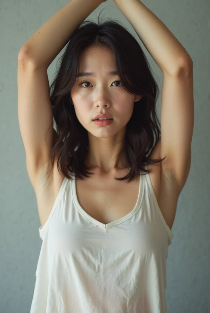 ((best quality, 8 thousand, masterpiece :1.3)), 1 woman, Pretty woman with emphasizing slender abs :1.3, (random hairstyle :1.2), oversized tank top :1.2, very detailed face, detailed eyes, double eyelid, armpit